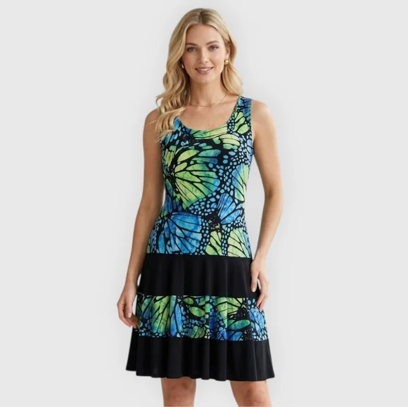 SZ6 Joseph Ribkoff Dress Butterfly Print Blue Green Patterned Midi Spring Fairy - Picture 1 of 8